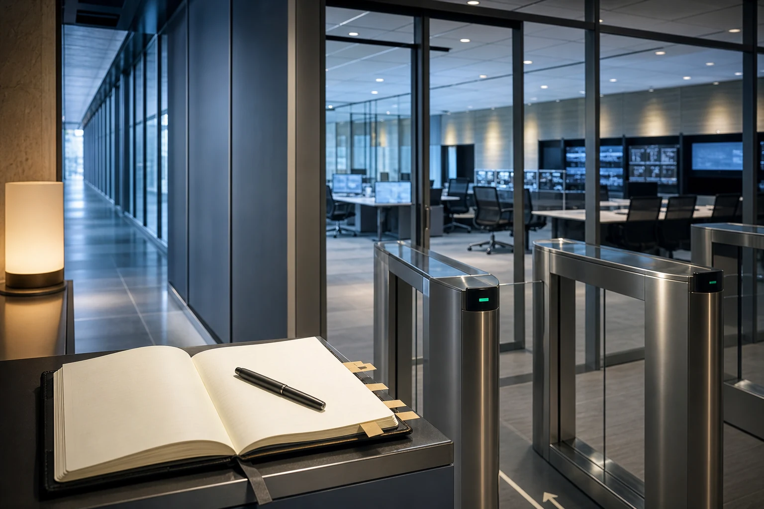 Controlled entrance to an operations centre with an audit trail prepared in the foreground