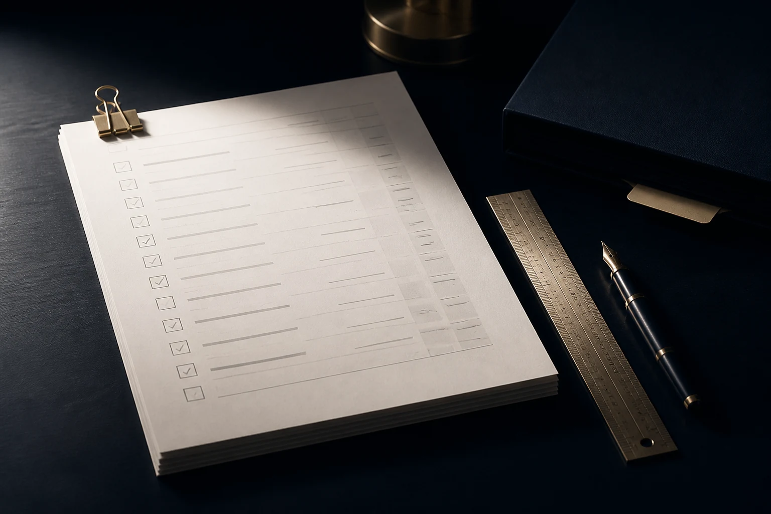 Structured questionnaire laid out on a review desk, with a ruler and an evidence file